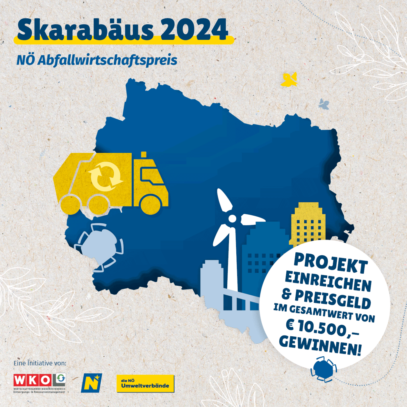 Auf dem Bild ist die Landkarte von Niederösterreich in Blau eingeblendet. In der Landkarte befindet sich ein gelbes und ein blaues Gebäude sowie ein Windrad und ein Müllauto, mit dem Kreislaufwirtschaftszeichen bedruckt. 